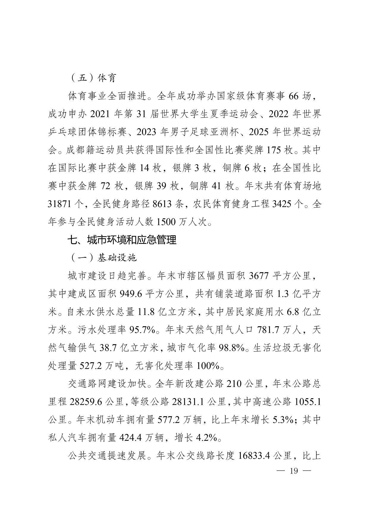 （五）体育 体育事业全面推进。全年成功举办国家级体育赛事66场，成功申办2021年第31届世界大学生夏季运动会、2022年世界乒乓球团体锦标赛、2023年男子足球亚洲杯、2025年世界运动会。成都籍运动员共获得国际性和全国性比赛奖牌175枚。其中在国际比赛中获金牌14枚，银牌3枚，铜牌6枚；在全国性比赛中获金牌72枚，银牌39枚，铜牌41枚。年末共有体育场地31871个，全民健身路径8613条，农民体育健身工程3425个。全年参与全民健身活动人数1500万人次。 七、城市环境和应急管理 （一）基础设施 城市建设日趋完善。年末市辖区幅员面积3677平方公里，其中建成区面积949.6平方公里，共有铺装道路面积1.3亿平方米。自来水供水总量11.8亿立方米，其中居民家庭用水6.8亿立方米。污水处理率95.7%。年末天然气用气人口781.7万人，天然气输供气38.7亿立方米，城市气化率98.8%。生活垃圾无害化处理量527.2万吨，无害化处理率100%。 交通路网建设加快。全年新改建公路210公里，年末公路总里程28259.6公里，等级公路28131.1公里，其中高速公路1055.1公里。年末机动车拥有量577.2万辆，比上年末增长5.3%；其中私人汽车拥有量424.4万辆，增长4.2%。 公共交通提速发展。年末公交线路长度16833.4公里